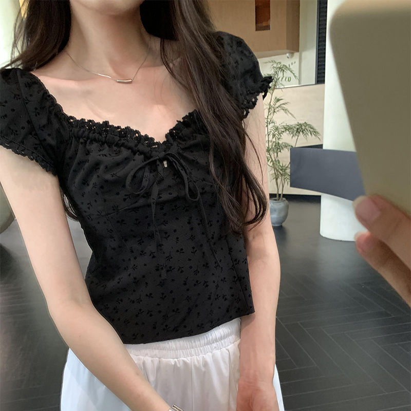 Black lace square neck floral embroidered tops