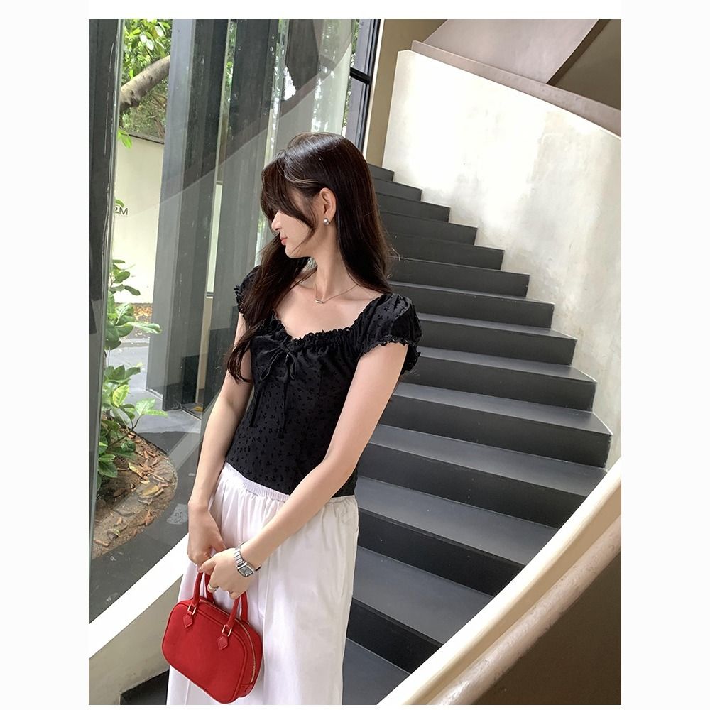 Black lace square neck floral embroidered tops