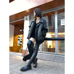 Women’s Black PU Leather Jacket – Retro Slim Fit Moto Style