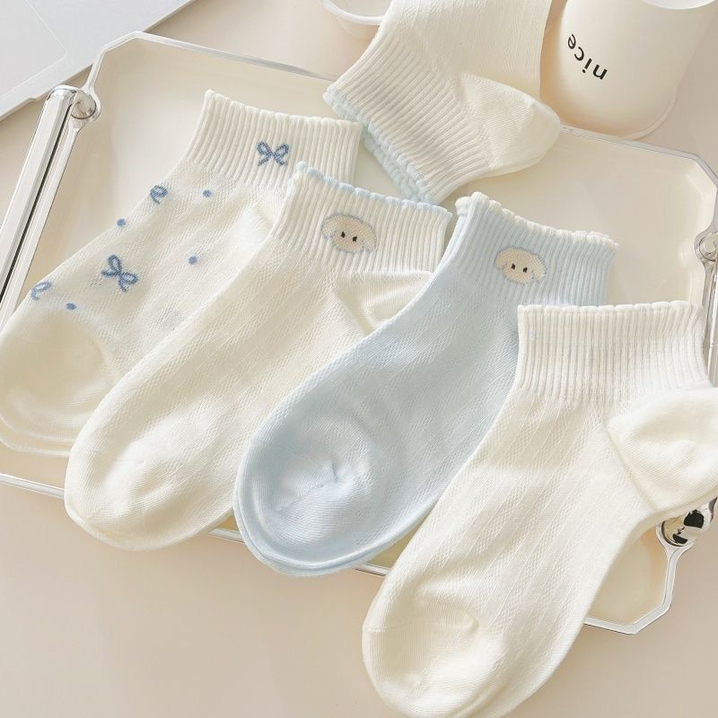 Women’s Mesh Low-Cut Boat Socks – Cute Blue Puppy Design in Japanese Sweet Style