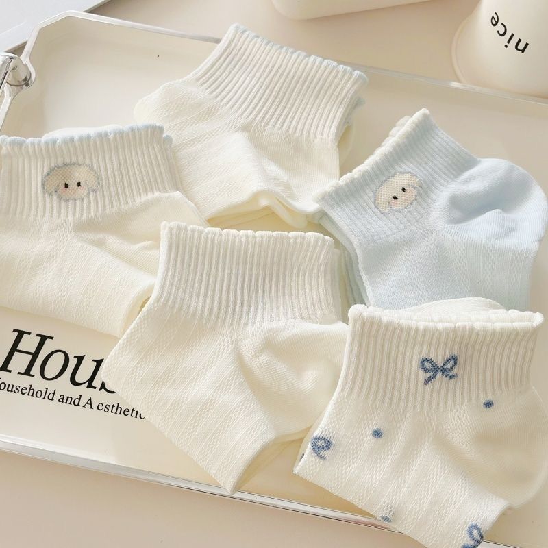 Women’s Mesh Low-Cut Boat Socks – Cute Blue Puppy Design in Japanese Sweet Style