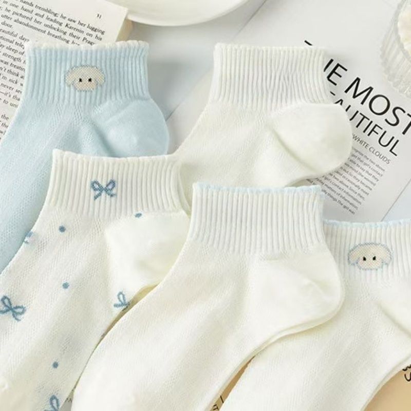 Women’s Mesh Low-Cut Boat Socks – Cute Blue Puppy Design in Japanese Sweet Style