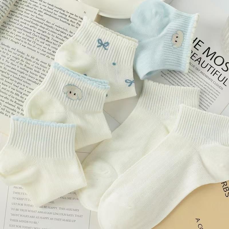 Women’s Mesh Low-Cut Boat Socks – Cute Blue Puppy Design in Japanese Sweet Style