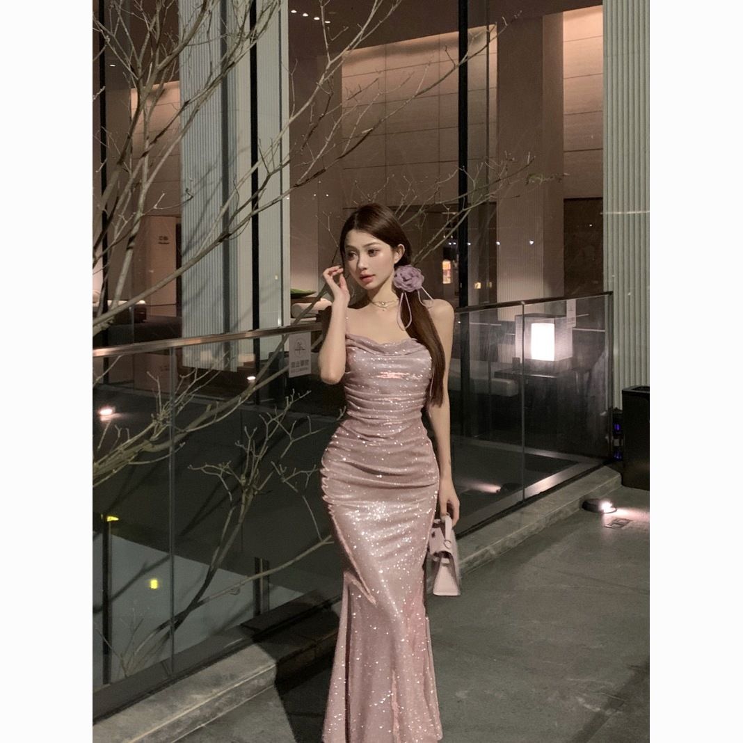 French Style Sparkly Draped Spaghetti Strap Bodycon Long Dress