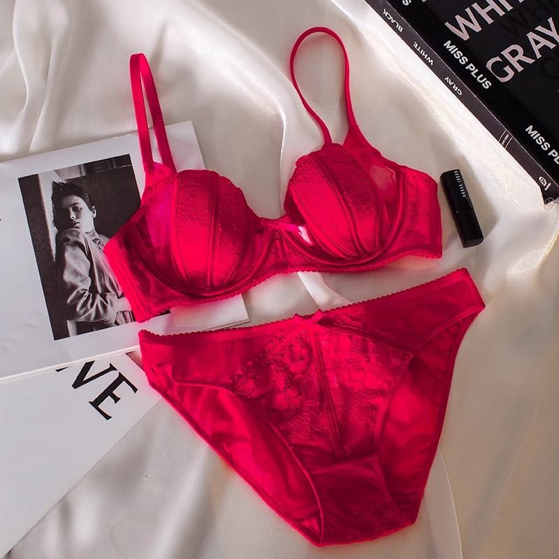 French Sheer Lace Red Bra for Large Bust Minimizing Support
