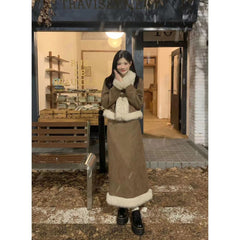 Suede Fur Collar Quilted Jacket and Skirt Set