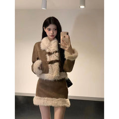Suede Fur Collar Quilted Jacket and Skirt Set