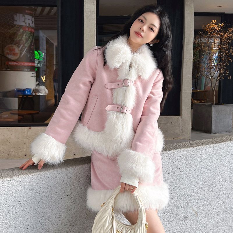 Suede Fur Collar Quilted Jacket and Skirt Set