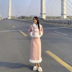 Suede Fur Collar Quilted Jacket and Skirt Set