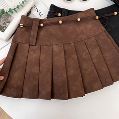 Brown Pleated High-Waist PU Mini Skirt