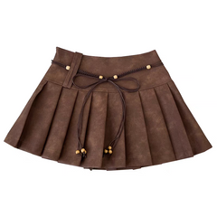 Brown Pleated High-Waist PU Mini Skirt
