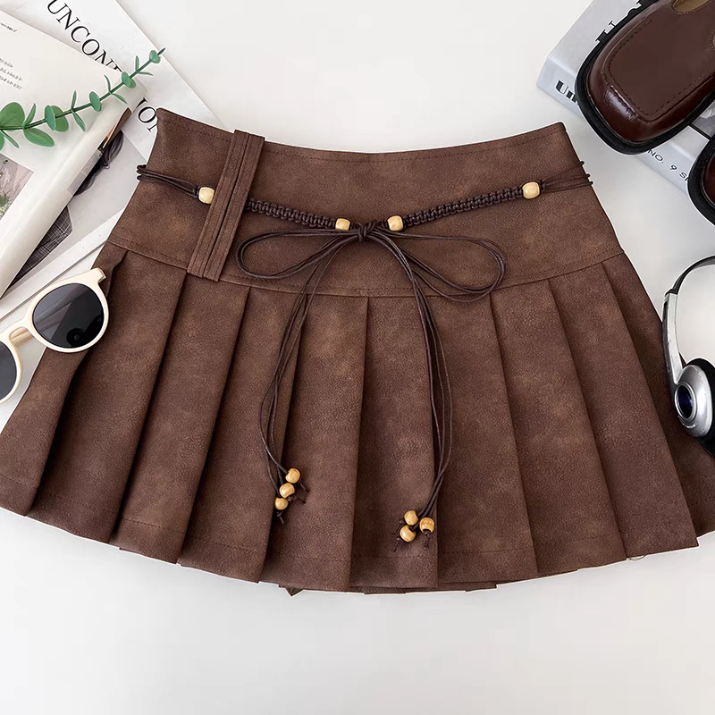 Brown Pleated High-Waist PU Mini Skirt