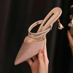 Pointed Toe Rhinestone Strap Two-Way Slim Heel Mules