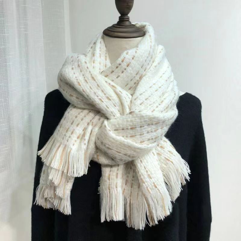 Cream White Elegant Textured Knit Scarf for Women Warm Korean Style Neck Wrap