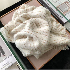 Cream White Elegant Textured Knit Scarf for Women Warm Korean Style Neck Wrap