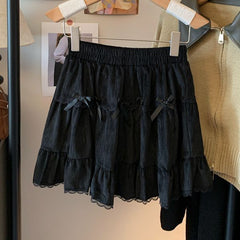 High-Waist Bow Tiered Lace Ruffle Mini Skirt
