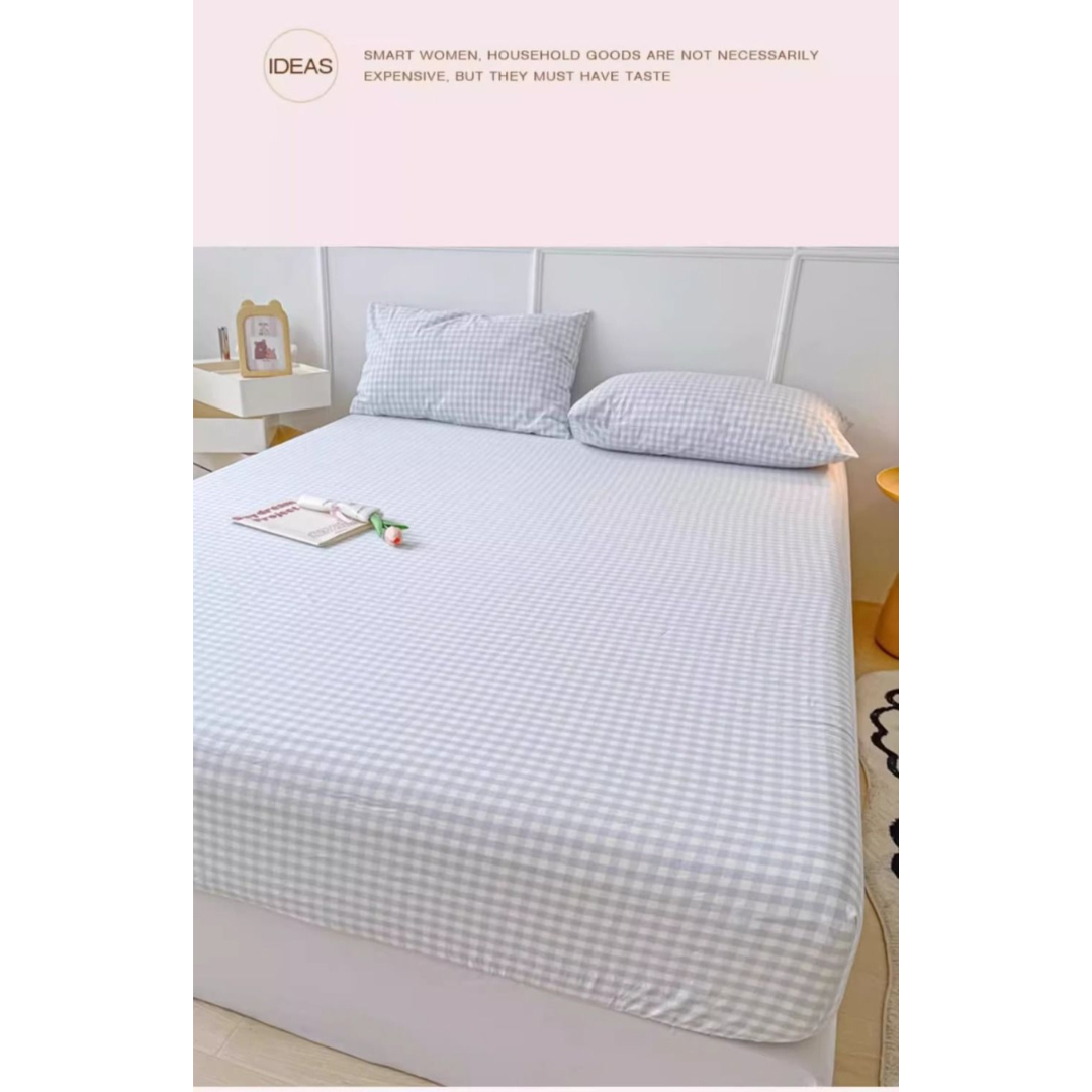 Washed Cotton Fitted Sheet – Simple Checkered & Solid Color Mattress Protector, Full Wrap Bed Sheet 3-Piece Set