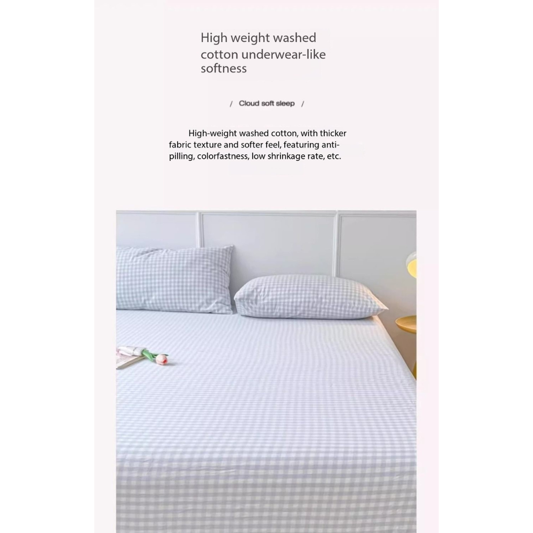 Washed Cotton Fitted Sheet – Simple Checkered & Solid Color Mattress Protector, Full Wrap Bed Sheet 3-Piece Set