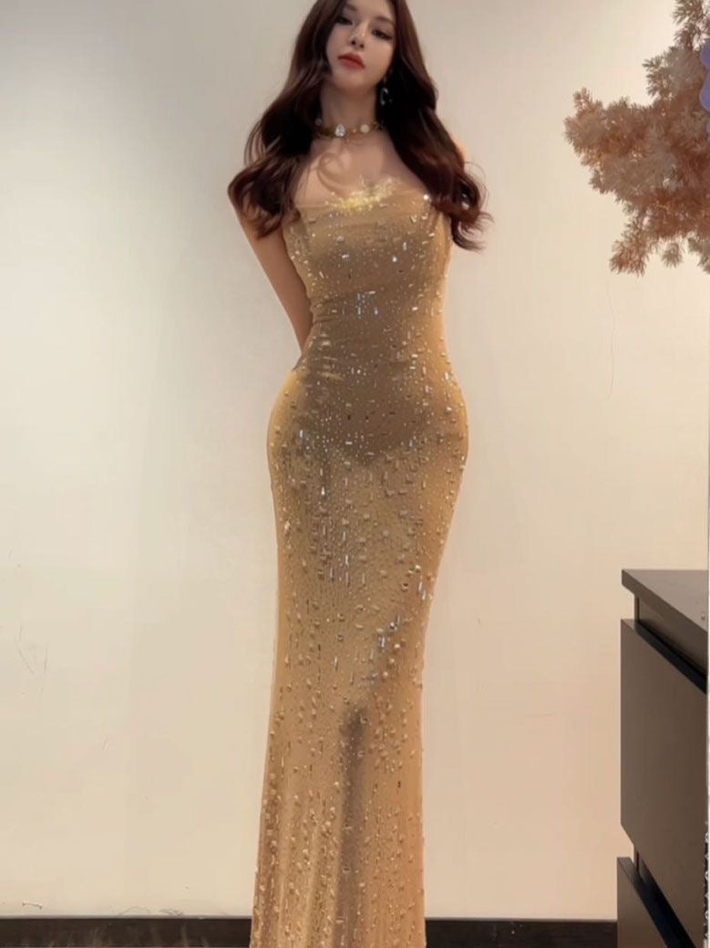 European studded diamond design light luxury high-end evening long spaghetti dress