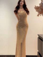 European studded diamond design light luxury high-end evening long spaghetti dress