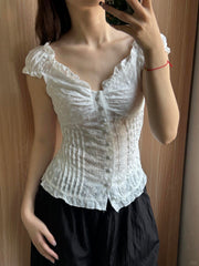 French Jacquard Puff Sleeve Top – Palace Style Ballet Girl Lace Button Blouse