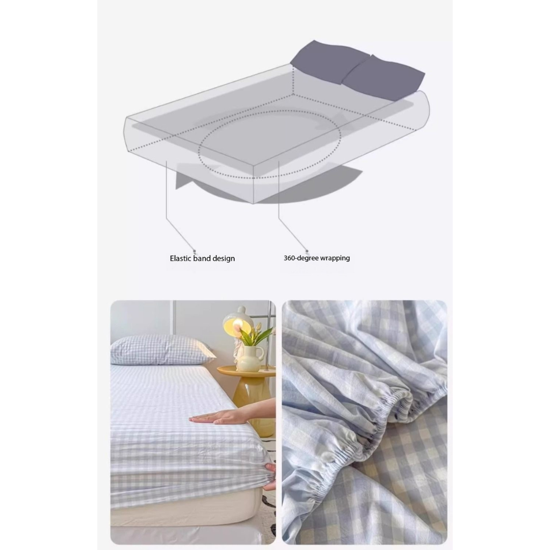 Washed Cotton Fitted Sheet – Simple Checkered & Solid Color Mattress Protector, Full Wrap Bed Sheet 3-Piece Set