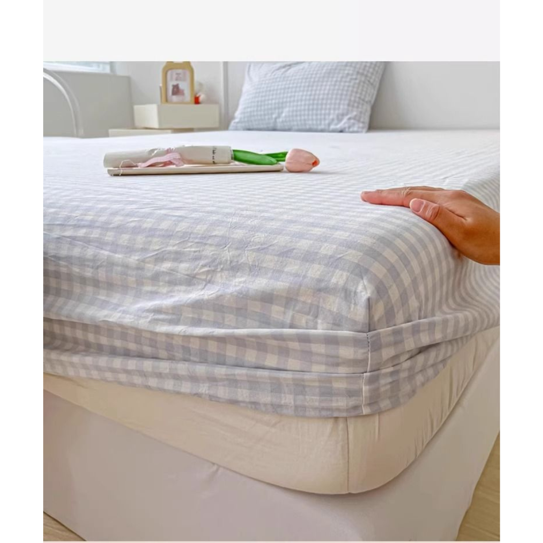 Washed Cotton Fitted Sheet – Simple Checkered & Solid Color Mattress Protector, Full Wrap Bed Sheet 3-Piece Set