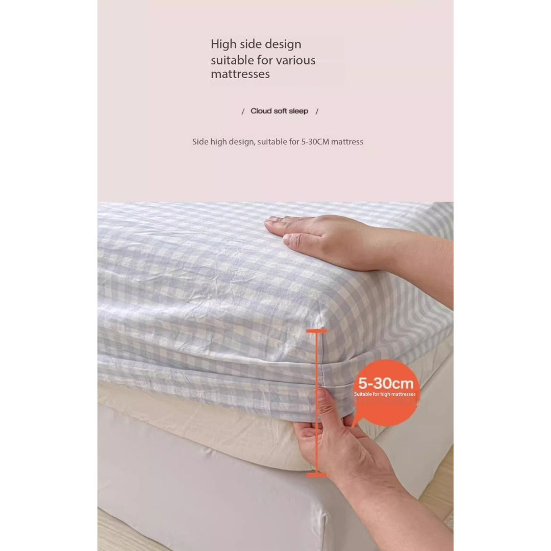 Washed Cotton Fitted Sheet – Simple Checkered & Solid Color Mattress Protector, Full Wrap Bed Sheet 3-Piece Set