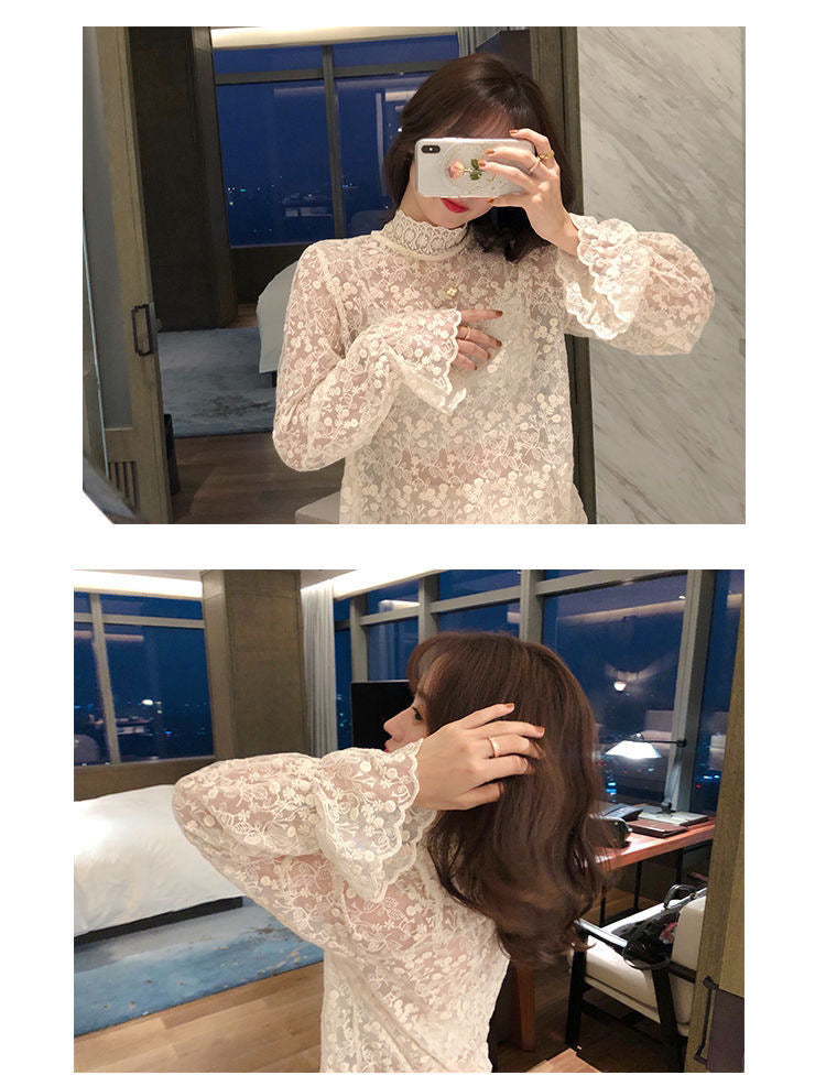 Chic Lace Mesh Blouse – Semi-Turtleneck Elegant Base Layer