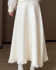 Apricot Knit High Waist A Line Midi Skirt Elastic Waist Flowy Slimming Skirt