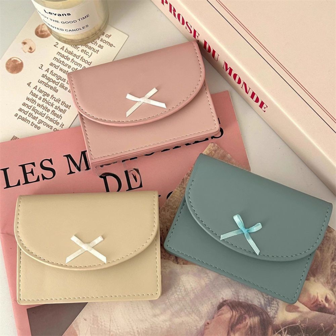 Cute PU Leather Bow Card Wallet – Small Korean Coin Pouch, Minimalist Design