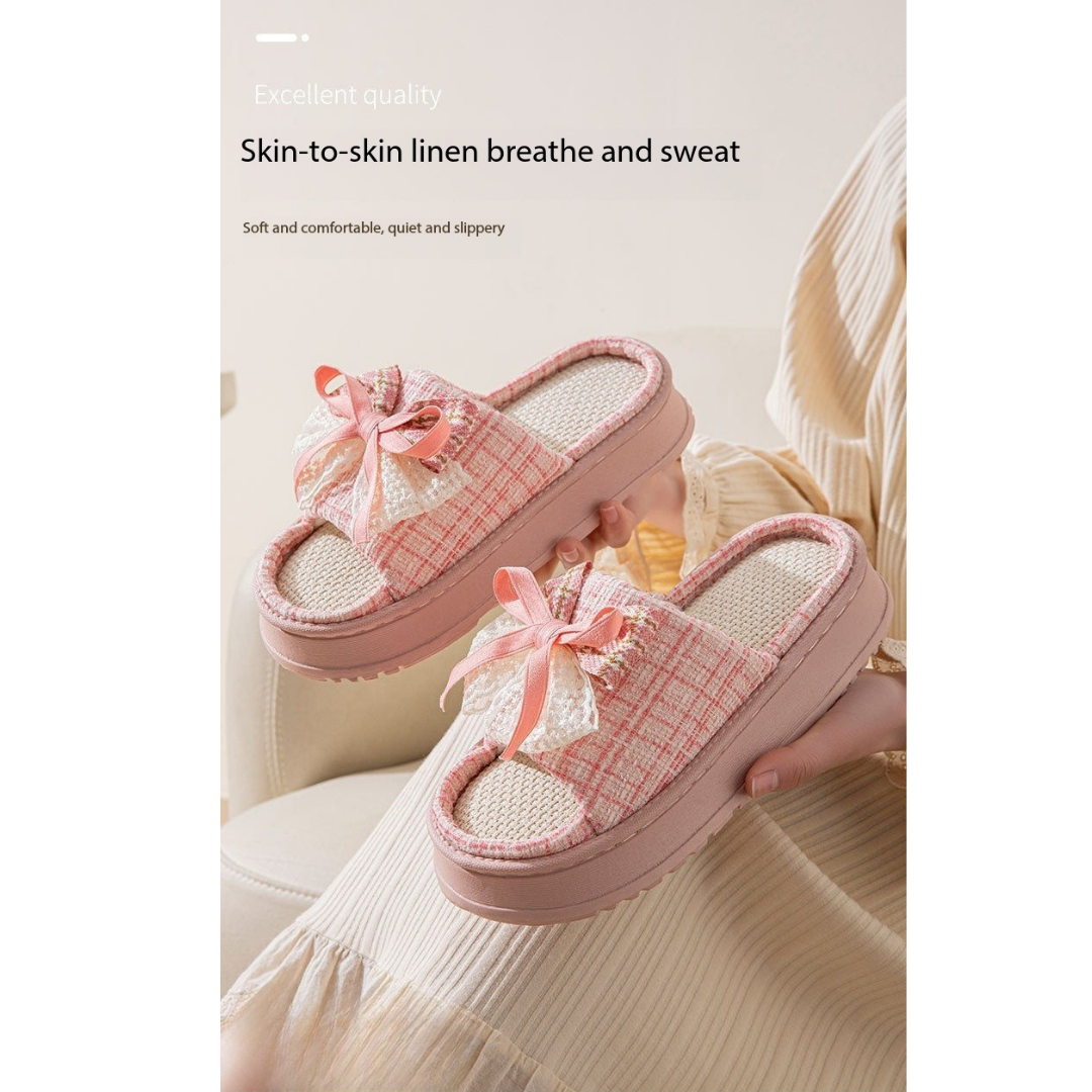 Lace Bow Linen Slippers for Women – Super Soft Sweat Absorbing Non Slip Indoor Outdoor Slides