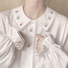 Vintage Girl Embroidered Peter Pan Collar Shirt | Loose Long Sleeve Cotton Top, Japanese Style