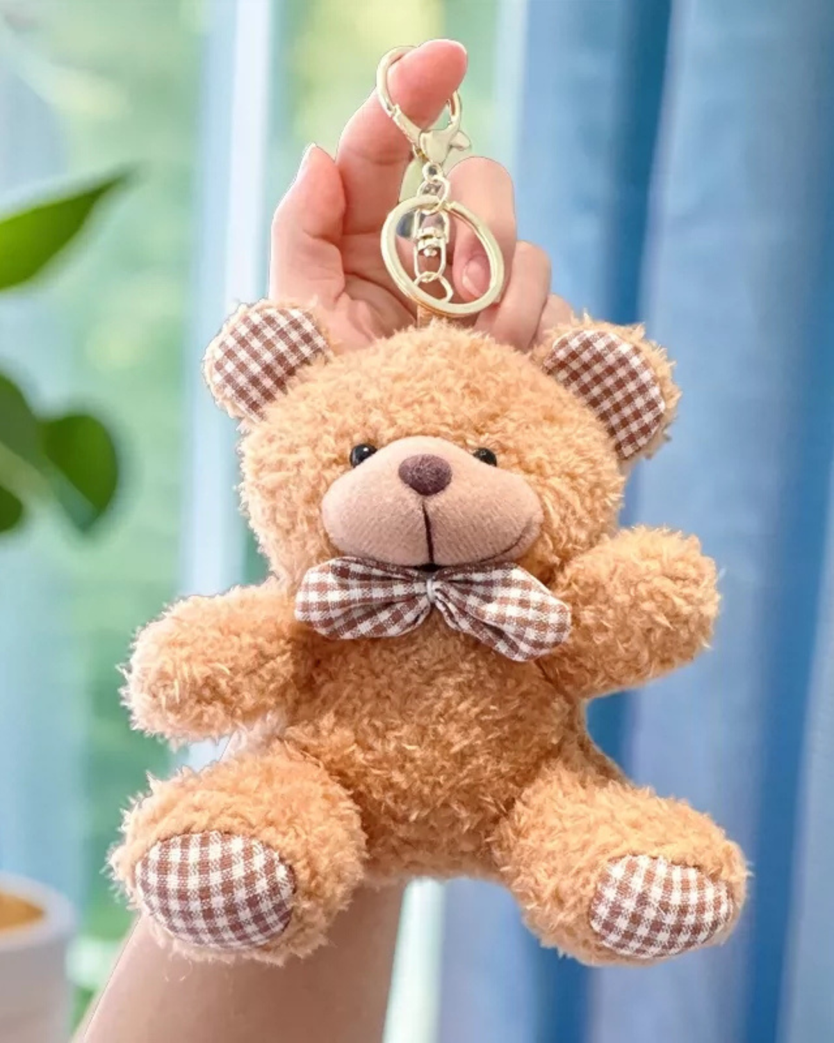 Curly Teddy Bear Plush Keychain with Plaid Bow Tie, Cute Bag Charm Accessory