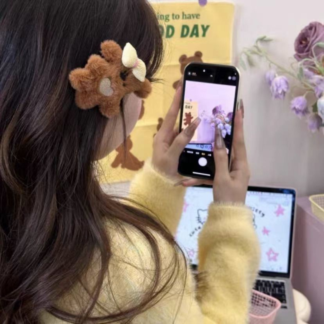 Plush Teddy Bear Bow Hair Clip – Cute Cartoon Duckbill Clip for Girls