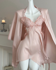 Satin Ice Silk V Neck Butterfly Sleep Dress with Padding Sexy Silky Nightdress