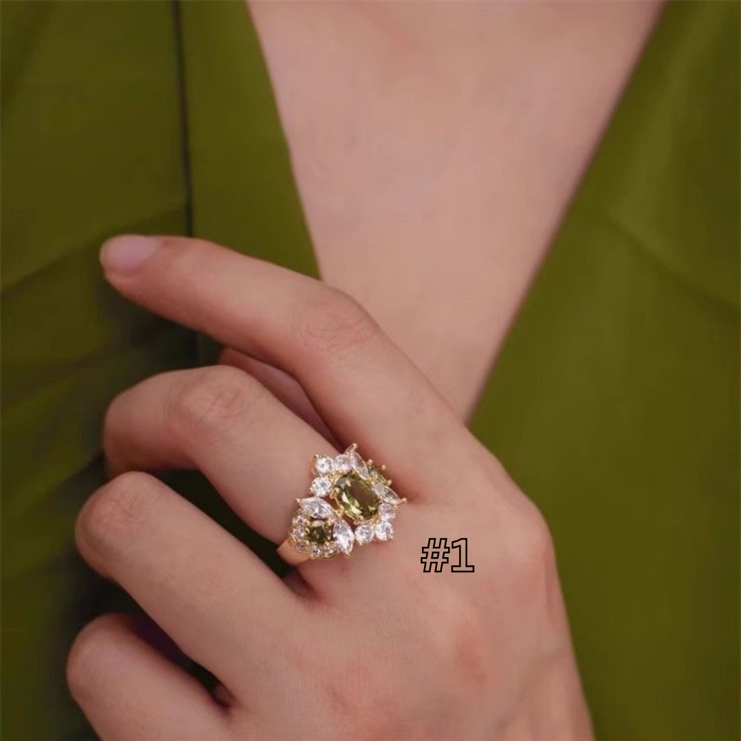 Vintage Olive Green Zircon Ring – Adjustable French Retro Style for Women