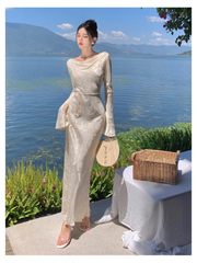 Women's Modern Style Long Sleeve Draped Bodycon Evening Dress