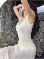 Women's White V-Neck Knit Camisole Slim Fit Bodycon Dress