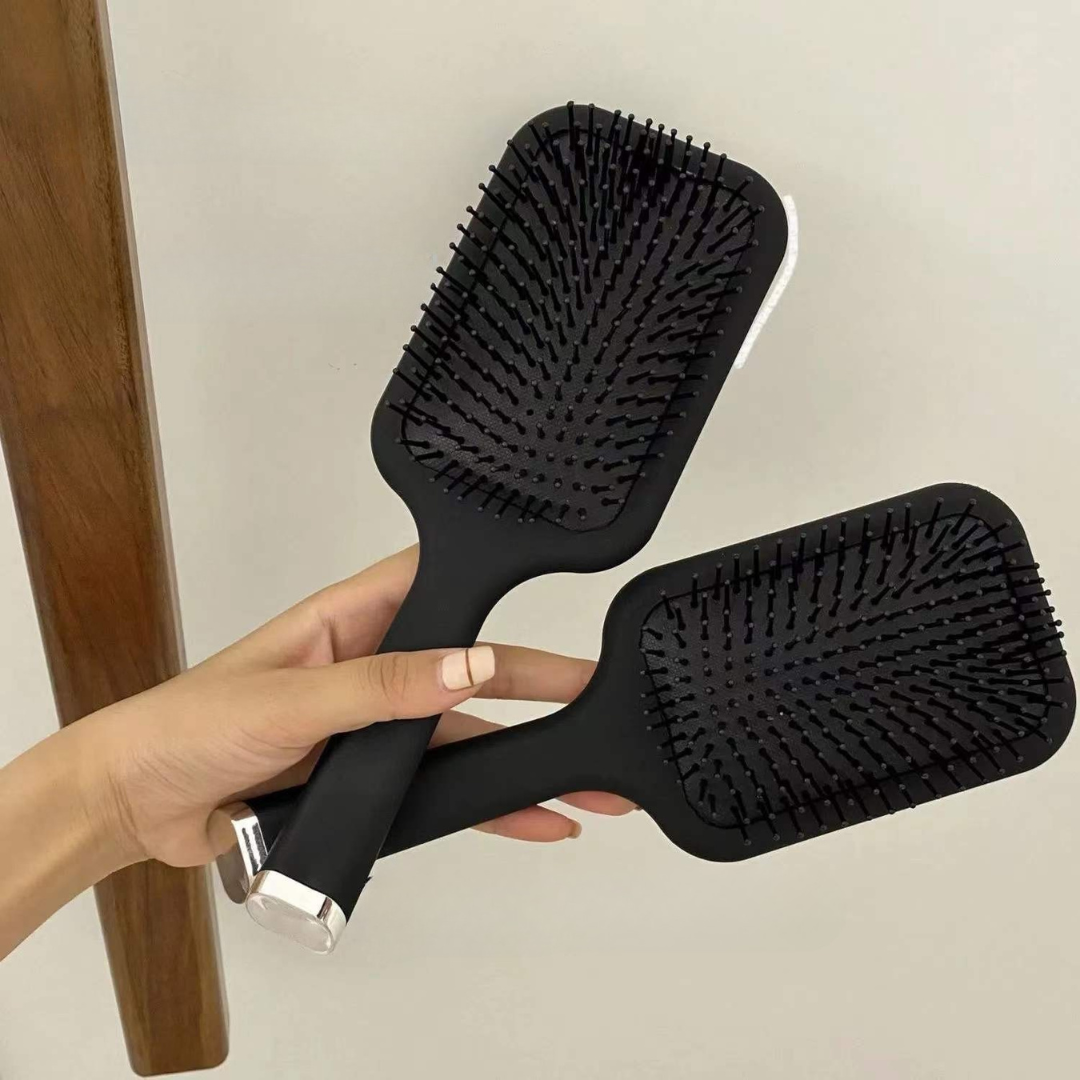 Minimalist Black Air Cushion Hairbrush – Anti-Static Paddle Comb for Women
