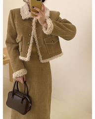 Fleece Lined Tweed Style Two Piece Outfit Slimming Jacket and Skirt Set