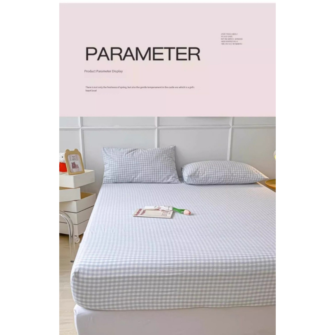Washed Cotton Fitted Sheet – Simple Checkered & Solid Color Mattress Protector, Full Wrap Bed Sheet 3-Piece Set