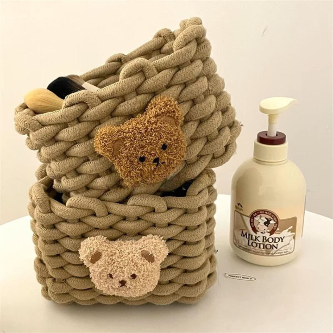 INS Style Little Bear Cotton Linen Woven Storage Basket - Cute Desktop Organizer for Cosmetics, Snacks, and Dormitory Use