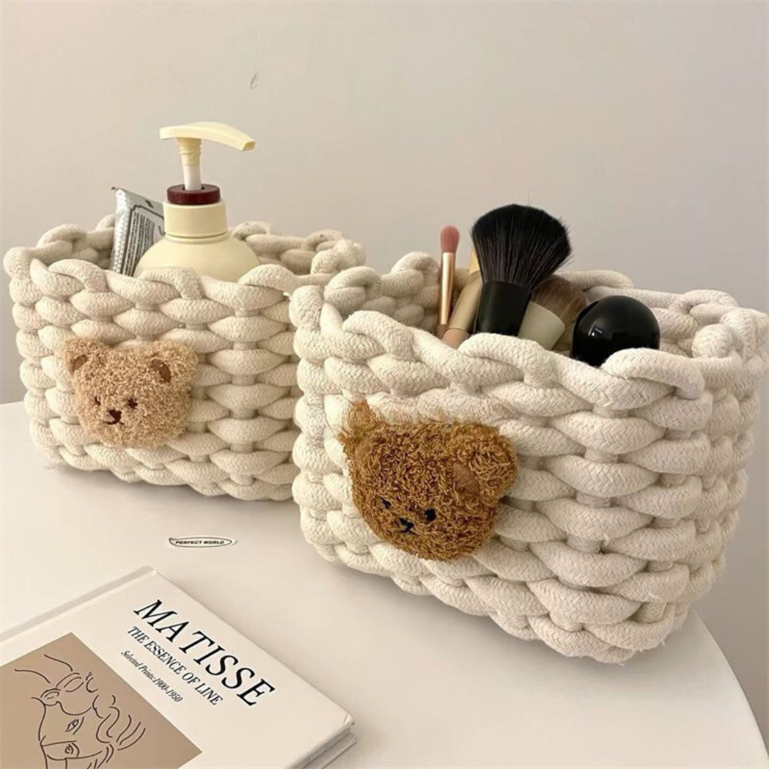INS Style Little Bear Cotton Linen Woven Storage Basket - Cute Desktop Organizer for Cosmetics, Snacks, and Dormitory Use
