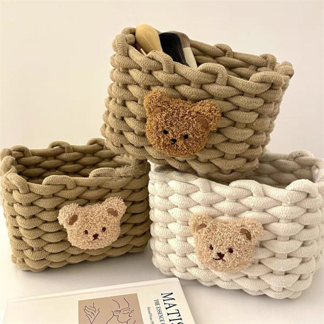 INS Style Little Bear Cotton Linen Woven Storage Basket - Cute Desktop Organizer for Cosmetics, Snacks, and Dormitory Use