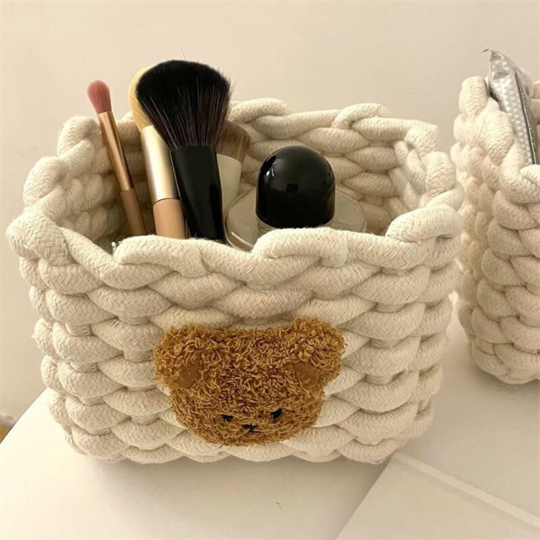 INS Style Little Bear Cotton Linen Woven Storage Basket - Cute Desktop Organizer for Cosmetics, Snacks, and Dormitory Use