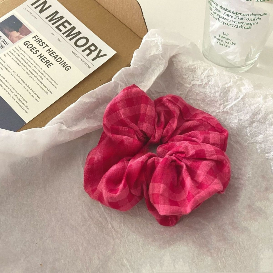 Dragon Fruit Plaid Scrunchie – Trendy K-Style Hair Tie