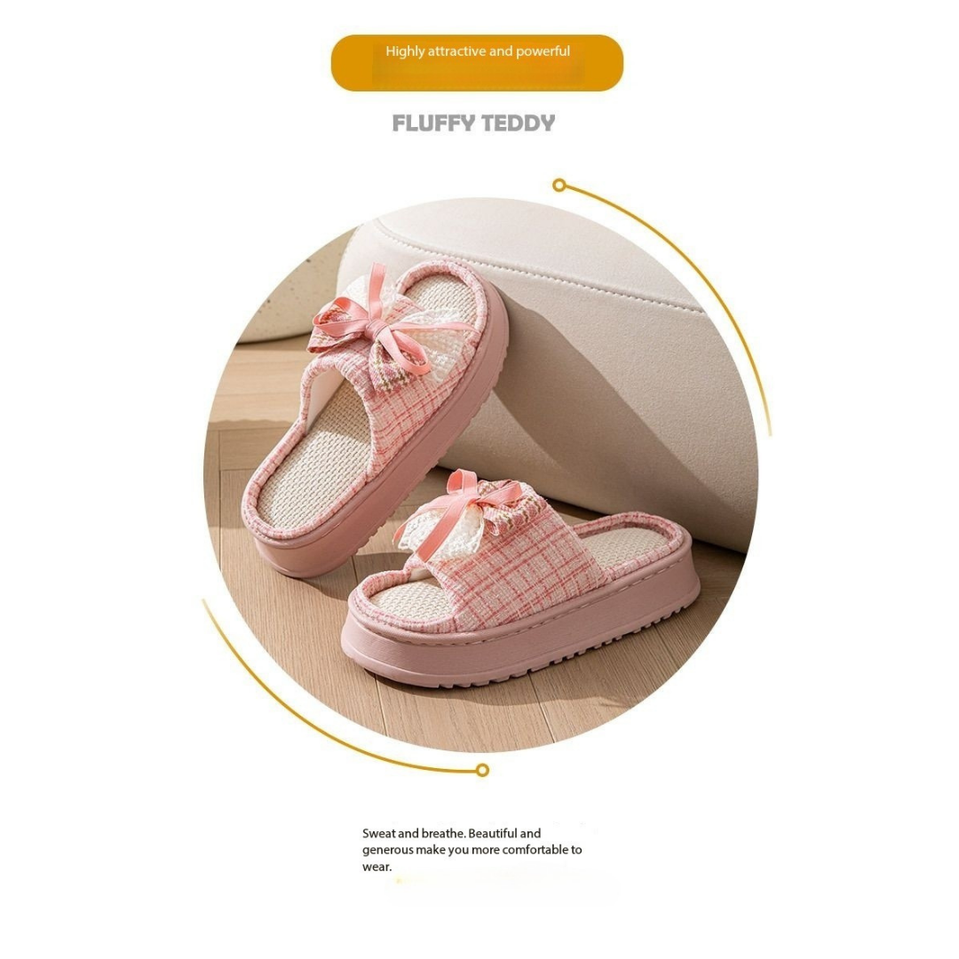 Lace Bow Linen Slippers for Women – Super Soft Sweat Absorbing Non Slip Indoor Outdoor Slides