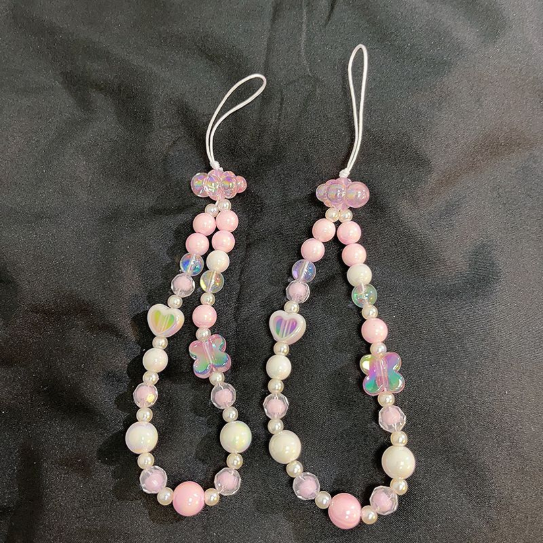 INS Style Pink Beaded Flower Phone Chain – Universal Phone Strap with Camera Charm