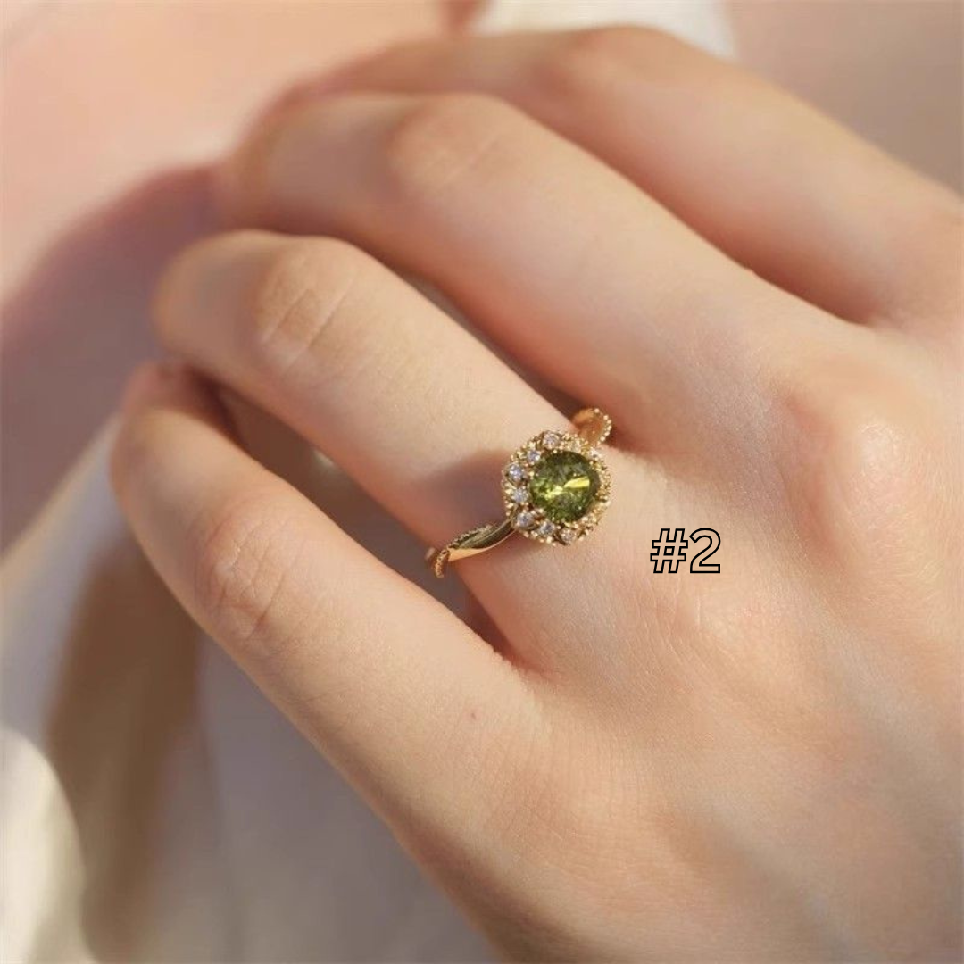 Vintage Olive Green Zircon Ring – Adjustable French Retro Style for Women